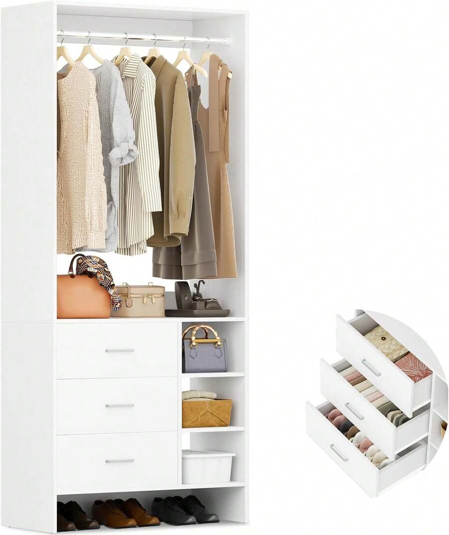 29.5 Inch Closet System Organizer With 3 Drawers And Shelves Wooden Wardrobe Tower Clothing Storage Unit Bedroom White - White - View 1
