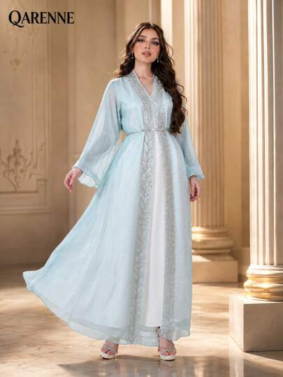 Sparkly Dusty Purple 2‑Piece Maxi Dress Set, Silver Embroidery Lantern Sleeve Belted Open Robe With White Inner Formal Evening Gown