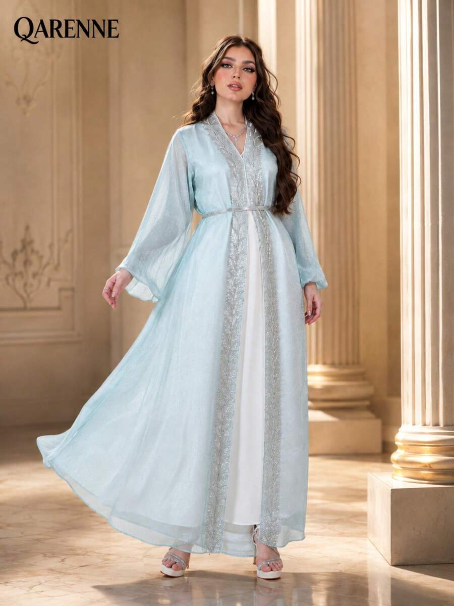 Sparkly Dusty Purple 2‑Piece Maxi Dress Set, Silver Embroidery Lantern Sleeve Belted Open Robe With White Inner Formal Evening Gown