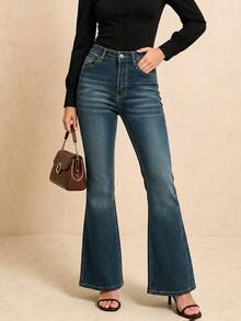 Washed Denim Flare Leg Pants With Button & Zipper Fly, 3D Pockets, Women's Casual Long Trousers - Medium Wash - View 4