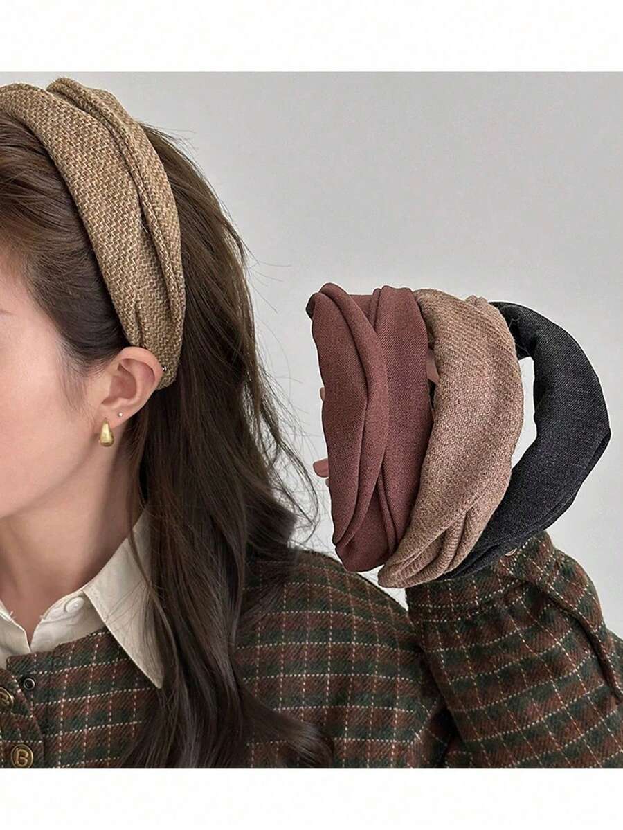 1pc Fashion Solid Color Thick Headband, Elegant Twisted Cross Wide Fabric Hair Accessory, Suitable For Women, Autumn/Winter Daily Casual Versatile - Multicolor - View 1