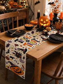1 pc Taplak Meja Panjang Linen Halloween Trick Or Treat, Motif Cetak Huruf Warna-warni dengan Pola Permen Hantu Topi Penyihir dan , Dekorasi Meja Makan Dapur Gaya Farmhouse, Cocok untuk Pesta Halloween - MultiWarna - View 3