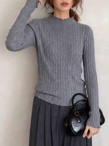 Women's New Frill Trim Mock Neck Pullover Knit Sweater - Grey - View 3