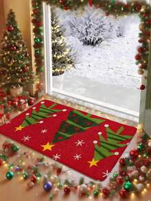 1pc Red Background Green Christmas Tree White Snowflake Gold Star Print Floor Mat, Christmas Home Decor, Premium Floor Mat, Welcome Mat, Suitable For Kitchen, Hallway, Living Room, Bedroom And Laundry Room - Easy To Clean, Durable, Long-Lasting, Christmas - A - View 4