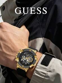GUESS GW0486G2 男士石英計時腕錶，金色錶殼、碳纖維錶圈、黑色穿孔混合錶帶、鏤空錶盤運動風格時尚腕錶 - GW0486G2 - 查看 4