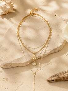 4pcs Summer Ocean Style Beaded Necklace Set, Faux Pearl Flower Shell Necklaces, Beach Vacation & Daily Wear - Gold - View 2