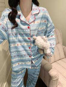 2pcs Women's Pajama Set, Lapel Cardigan Asymmetrical Print Long Sleeve, Suitable For All Seasons - Multicolor - View 8