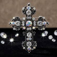 Cross-Border Hot Selling Vintage Distressed Silver Cross Brooch Aurora Rhinestone Hollow Carved Large Pin Gothic Church Style Suit Shawl Corsage Accessory - Cross Brooch 350 - View 8