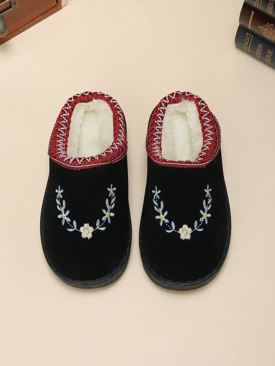 Dép sục Mule đen thêu hoa phong cách vintage tinh nghịch cho bé gái, lót giữ nhiệt, phù hợp đi trong nhà và đi dạo quanh xóm vào mùa đông - màu đen - Xem 1