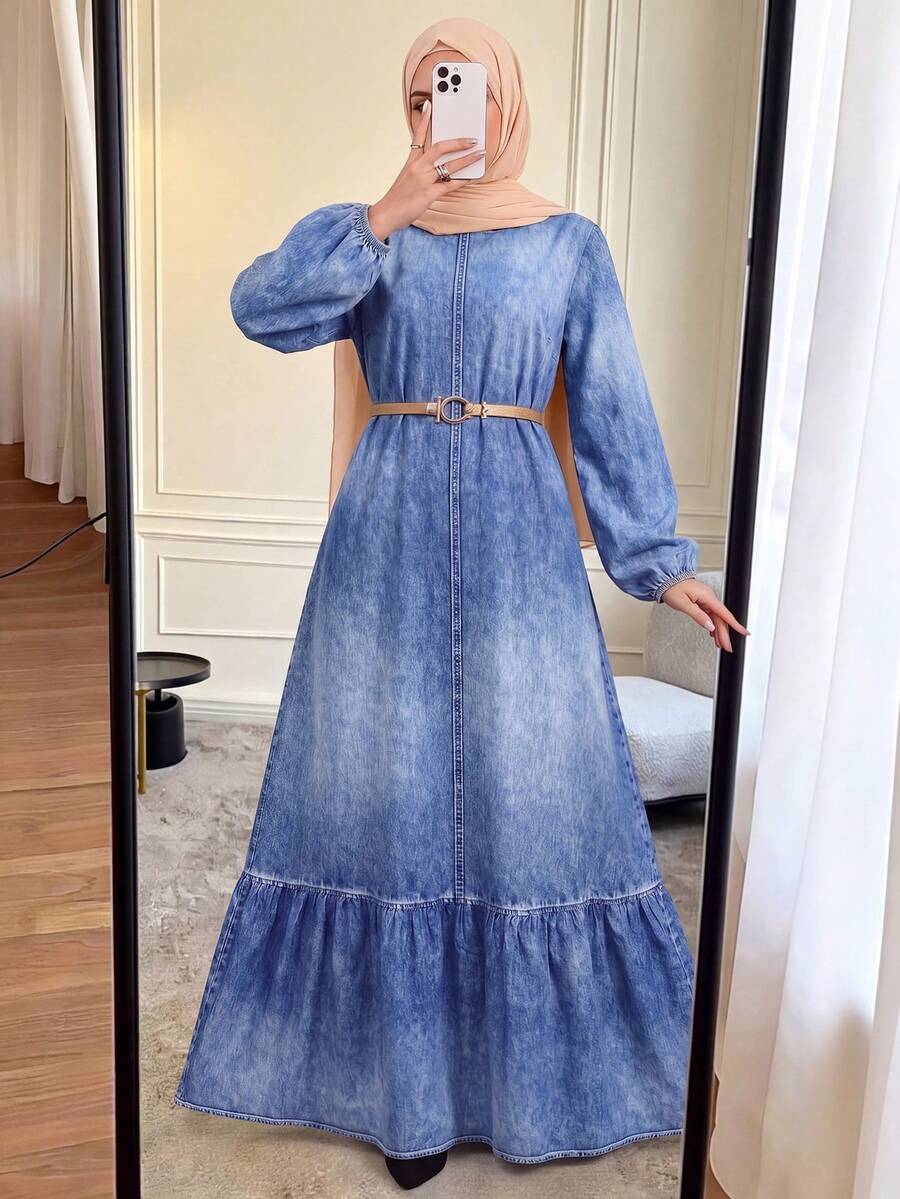 Women's Denim Effect Print Arabian Dress - Blue - View 1
