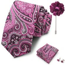 AlanKing Paisley Patterned Men's Tie, Pocket Square, Cufflinks, And Lapel Flower 4-Piece Set, Suitable For Business Work And Parties - Multicolor - View 7