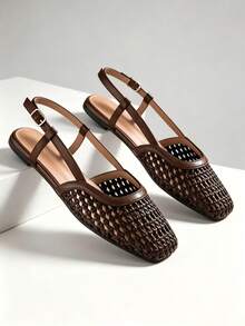 Women's Woven Hollow Back Strap Flat Shoes, Square Toe Adjustable Buckle Retro Style Summer Outdoor Sandals, New Ballet Shoes Casual Comfortable Soft Sole Mary Jane Slip-On Versatile Flat Shoes For Daily Commute - Brown - View 3