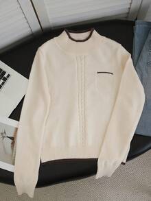 2026 Autumn/Winter New Colorblock Half-High Neck Cable Knit Sweater For Women, Soft Style, Slim Fit, Flattering, Pocket Design, Vintage Commuter Inner Layer, Long Sleeve Top, Petite Versatile Pullover Knit Sweater - Apricot - View 8
