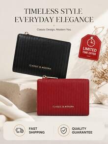 Carteras Para Mujer Vertical Ribbed PU Leather Short Wallet, Zip Around Card Holder With Coin Pocket, Classic Style - Multicolor - View 9