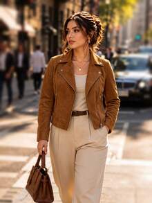 Plus Size Slim Fit Faux Suede Short Motorcycle Jacket, Rivet Shoulder Zipper Lapel Casual Outerwear For Autumn - Khaki - View 3