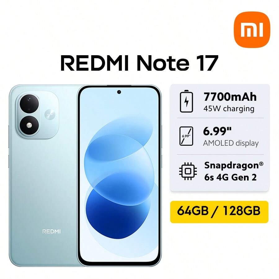 Xiaomi REDMI Note 17 全球版智慧型手機 7700mAh 電池 45W 快速充電 最高 22.5W 有線反向充電 6.99 吋 FHD+ 護眼 AMOLED 螢幕 最高 120Hz 濕觸控技術 2.0 Snapdragon® 6s 4G Gen 2 搭載 Xiaomi HyperOS IP65 防塵防水