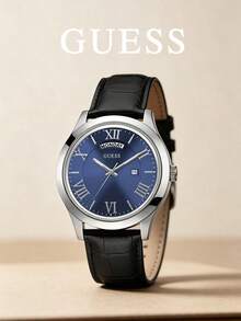 GUESS Men's Business Blue Dial Quartz Watch With Roman Numeral Day Date Display, Crocodile Embossed Black Leather Strap, Minimalist Commuter Wristwatch, Gift - Black - View 8