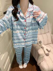 2pcs Women's Pajama Set, Lapel Cardigan Asymmetrical Print Long Sleeve, Suitable For All Seasons - Multicolor - View 9