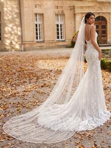 Extra Long Train Rhinestone & Pearl Trim Bridal Veil, Single Layer Soft Tulle, Church Ceremony Wedding Dress Accessory - Multicolor - View 3