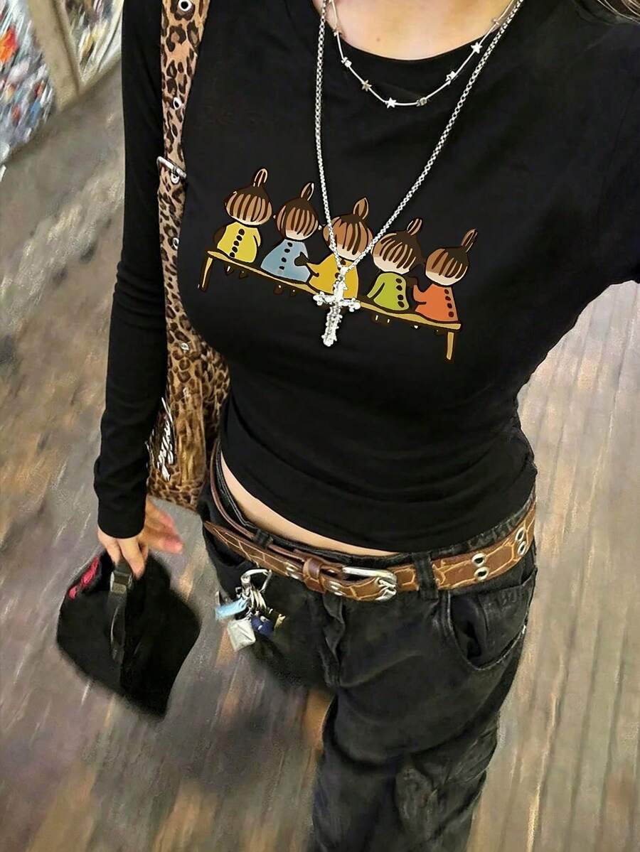 New Short Long Sleeve T-Shirt Women Y2K Generation Fun Cartoon Print Spring Autumn Korean Style Crew Neck Versatile Casual Slim Fit Top - Black - View 1