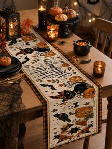 1件 Hello Halloween 桌旗，萬聖節家居裝飾，農舍風亞麻長款桌旗，黑貓南瓜水牛格紋邊框，鄉村風廚房餐廳長桌裝飾，秋季派對節日晚餐咖啡桌裝飾 - 彩色 - 查看 6