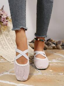 Women's White Square Toe Hollow Mesh Mary Jane Shoes, Low Vamp Breathable Cross Strap Gentle Style Flat Ballet Shoes - White - View 2
