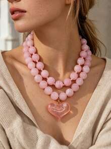 OABE 2pcs/Set Bohemian Style Pink Heart Pendant Beaded Necklace Set, Autumn Outfit Accessory Suitable For Women's Daily Wear - Pink - View 8