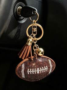 Football Pattern Rhinestone Keychain Fashion Tassel Women's Bag Charm Accessory Keychain Car Pendant - Coffee Brown - View 1