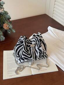 Zebra Stripe Drawstring Mini Bucket Bag For Women, Vintage Leopard Print Metal Chain Crossbody Small Bag, Drawstring Closure With Beaded Decoration, Casual Travel Party Handbag - Black - View 2