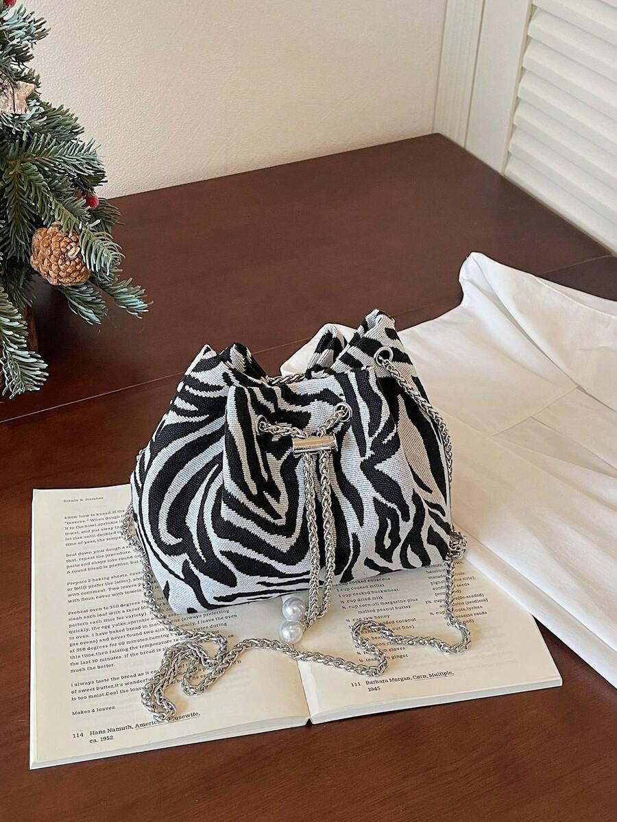 Zebra Stripe Drawstring Mini Bucket Bag For Women, Vintage Leopard Print Metal Chain Crossbody Small Bag, Drawstring Closure With Beaded Decoration, Casual Travel Party Handbag