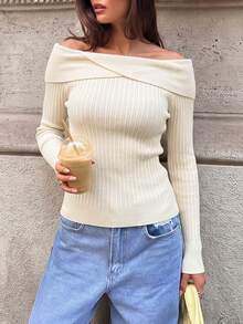 Women's Off-Shoulder Long Sleeve Knit Tulle Top, Regular Length, Medium Stretch Fabric - White - View 5