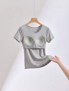 Plus Size Built-In Bra Short Sleeve T-Shirt, Wireless Padded Athletic Top For Yoga Gym Fall Workout & Casual Lounge - Light Grey - View 8