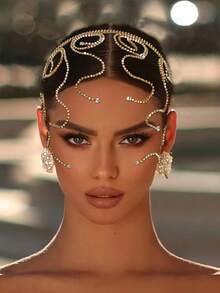 1pc Light Romantic Elegant Rhinestone Chain Tassel Bridal Headband Hair Accessory For Women, Wedding Party Daily Wear - Gold - View 5