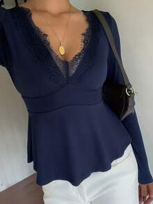SCARLUX Autumn Y2K Deep Blue V-Neck Fitted Long Sleeve Top, Basic Style, Suitable For Back To School, Business And Casual Wear - Navy Blue - View 9