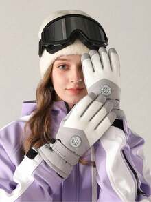 Colorblock Ski Gloves, Minimalist Sports Style, Thick Windproof And Waterproof Fabric, Decorative Round Badge, Adjustable Hook And Loop Wrist Strap, Warm, Anti-Slip And Durable, Suitable For Winter Skiing, Hiking, Snow Outdoor Cold Weather Activities - Multicolor - View 7