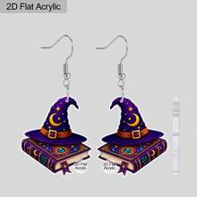 1 par de pendientes colgantes de acrílico con diseño de sombrero mágico de Halloween, diseño plano 2D, aptos para uso diario, fiesta y regalo de vacaciones - Morado - Ver 4
