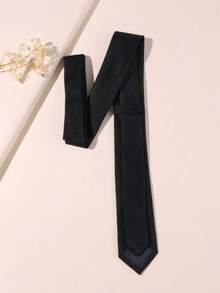A Polyester Solid Color Yarn-Dyed Men's Tie, Narrow Casual Formal Wear Accessory, Lightweight - Black - View 3
