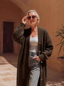 NZZOF Women's Solid Color V-Neck Long Knit Cardigan Single-Breasted Casual Loose Sweater Jacket - Coffee Brown - View 4