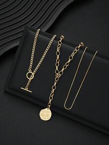 3pcs Simple Fashion Chunky Chain Y-Shaped Seal Disc Necklace Set, Women's Vacation, Date, Gift, Daily Casual, Party, Wedding Matching - Yellow Gold - View 4