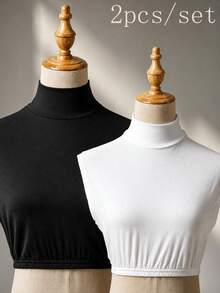 2PCS Women Solid Color Square Neck Mock Collar Neck Cover, Fitted Modesty Panel, Casual Versatile Style Multi-Color Options Suitable For Daily Wear - Solid Color - View 2