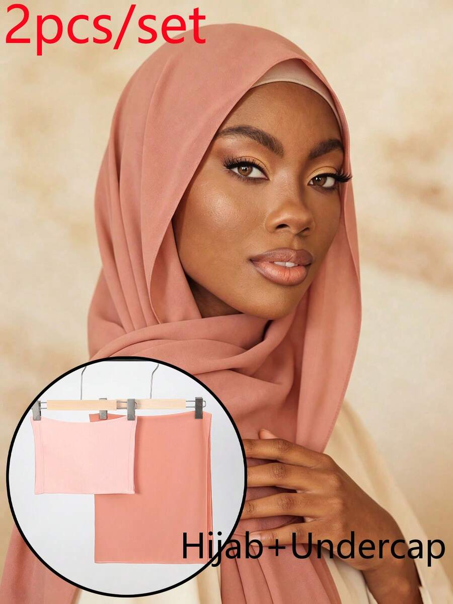 2PCS Women's Solid Color Chiffon Hijab With Matching Tube Cap Set, Comfortable Breathable Chiffon Headscarf And Premium Jersey Inner Cap, Muslim Daily Wear, Suitable For Work, Commute, Outings, Gatherings, Evening Parties, Prayer, Long Scarf Set, All Season Wear
