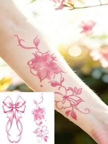 2Pcs Sweet Style Temporary Tattoo Stickers, Pink Bow Stars And Floral Vine Design, Waterproof Long‑Lasting Fake Body Tattoos For Women - Multicolor - View 2