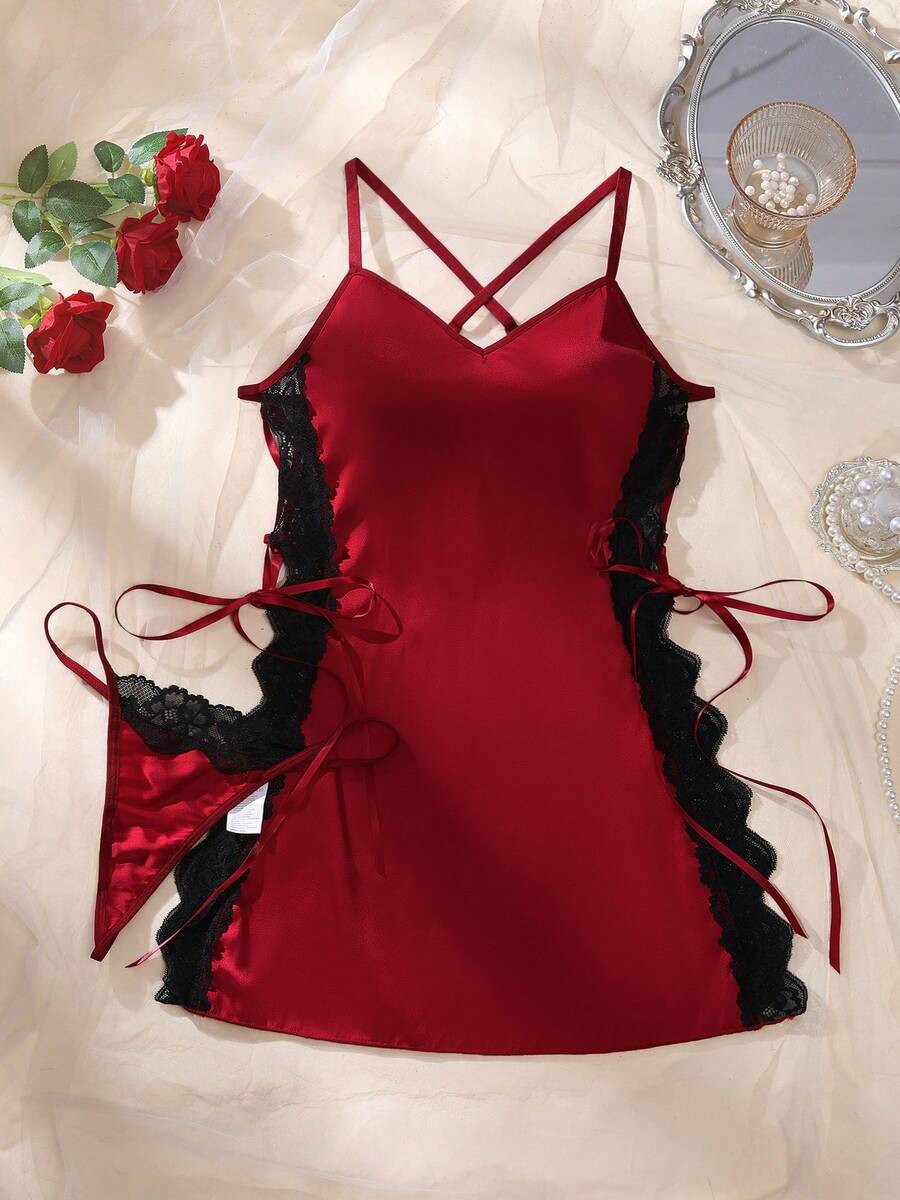 Women's Burgundy Pajama Set With Waist Cutout Tie Lace Patchwork, High-End Tailored Backless Shoulder Straps, Matching Panties, Smooth Fabric Loungewear Set For Daily Wear, Dates, Holidays, Christmas, New Year