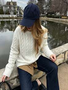 Women's Autumn White Cable Knit Embroidered Butterfly Crew Neck Slim Fit Long Sleeve Sweater, Suitable For Daily Shopping, Cafe Check-In, Commuting - White - View 4