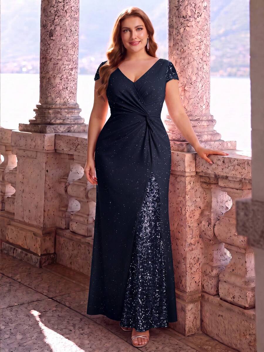 EVERPRETTY Elegant Navy Blue Plus Size Formal Gown, V-Neck Pleated Bodice Design, Sequin Patchwork, Suitable For Black Tie Wedding Reception Party Fall