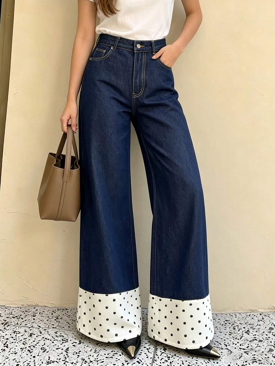 Vintage Dark Blue Mid-High Waist Wide Leg Jeans For Women, Polka Dot Print Patchwork Hem Loose Straight Leg Contrast Color Design Denim Pants - Dark Wash - View 1