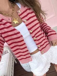 Women's Retro Striped Cardigan, Casual Daily Wear, Suitable For Spring/Autumn/Winter, Girlfriend's Valentine's Day Red Fall - Red - View 4