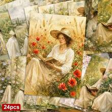 24pcs + 1 Red Envelope Elegant Pastoral Style Holiday Postcards, Woman Reading In Garden, Text "Reading Is A Journey", Suitable For Friends, Spring Festival, Vintage Oil Painting Style - Sets - View 11