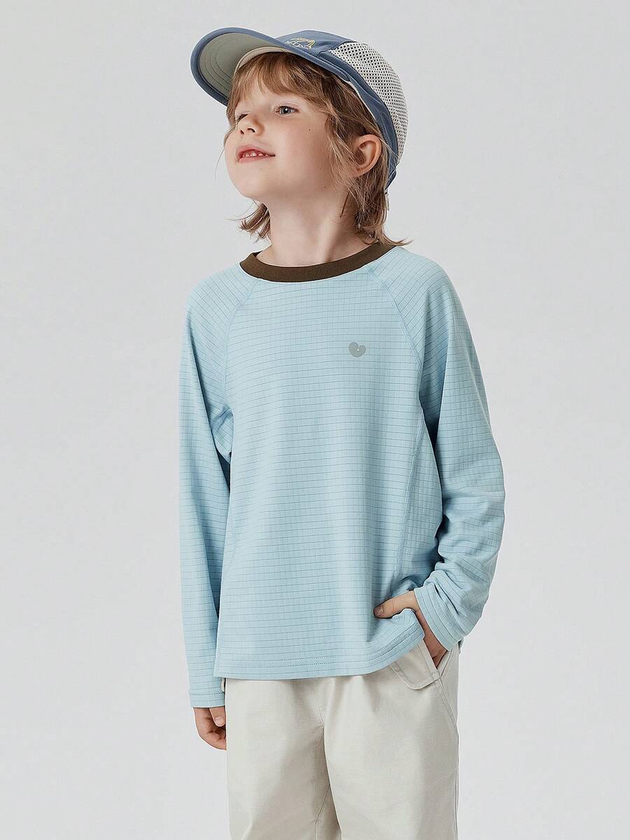 mini bala 男童女童吸濕排汗快乾格紋拼接色塊長袖基礎 T-shirt,2026 秋季 - 冰藍 - 查看 1