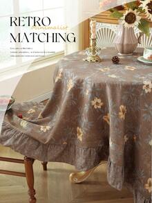 1pc Color Block Ruffle Edge Tablecloth, Floral Print, Autumn/Winter Vibe, Farmhouse Style, Suitable For Dining Table Decor, Picnic Tablecloth, Holiday Celebration, Party Gathering, Birthday Banquet, Daily Dining Table, Kitchen And Dining Room Decoration, All Seasons, Home Decor - Brown - View 9